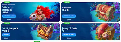Offres de bonus sport Posido – dépôt, freebet, cashback et boost accumulateur. Quatre bannières de promotions sportives sur le site Posido