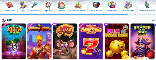 Jeux en ligne populaires sur Posido – sélection de machines à sous en vedette. Interface de la section “Top jeux” sur le site Posido avec les jeux populaires comme