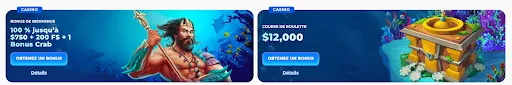 Bonus de bienvenue casino Posido et promotion spéciale roulette – jusqu’à $12,000 à gagner. Offres de bienvenue Posido : bonus de 100 % jusqu’à $750 avec 200 free spins et 1 Bonus Crab, accompagnées d’une promotion « Course de roulette » avec un prix total de $12,000, sur fond d’univers sous-marin.