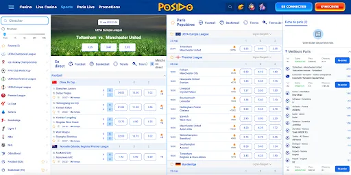 Paris sportifs en direct sur Posido – pariez sur vos équipes favorites avec les meilleures cotes. Interface des paris sportifs sur Posido avec une sélection de matchs en direct et des cotes affichées pour différents événements de football.