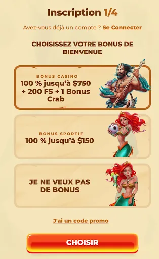 Choisissez votre bonus de bienvenue sur Posido – casino, sport ou aucun bonus. Écran d’inscription sur Posido avec options de bonus de bienvenue : bonus casino jusqu’à $750 + 200 tours gratuits et 1 Bonus Crab, bonus sportif jusqu’à $150, ou sans bonus.